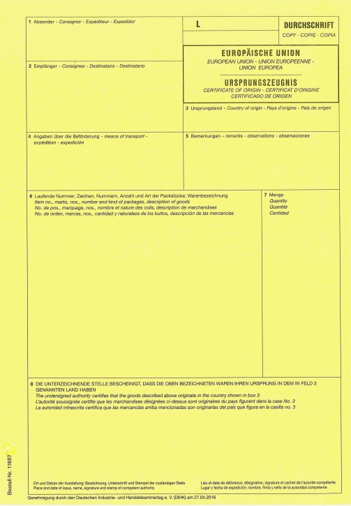 Ursprungszeugnis, gelbe Kopie 1-fach für Laserdrucker, VPE 100 Stück