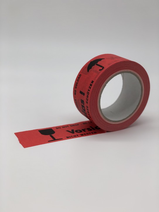 Warnbänder aus Papier Druckbild: "Vorsicht Glas" selbstklebend/Naturkautschukkleber 50 mm breit x 50 m lang / VPE 36 Rollen