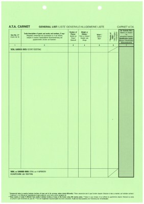 Carnet A.T.A. Zusatzblatt (grün) ohne Perforation 1-fach, VPE 100 Stück